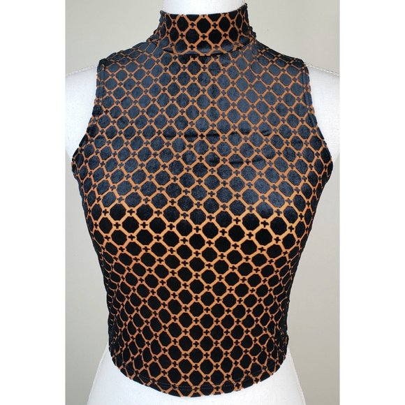 Maitai Crop Top Mock Turtleneck Black Gold Womens Small Sleeveless Button Back - Picture 1 of 6